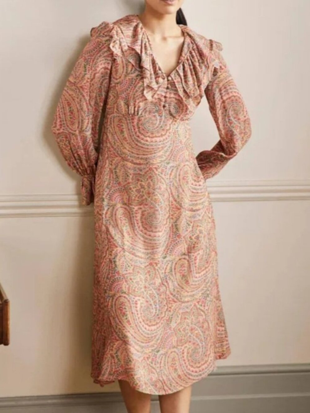 BODEN LARA RUFFLE DETAIL MIDI PINK PAISLEY FLOWER DRESS US 6 NWT
